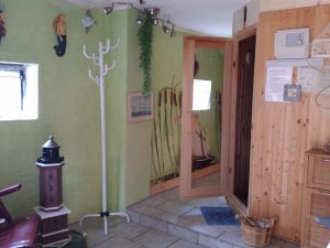 Blick in das Saunahäuschen am Ferienhaus Deichwiese