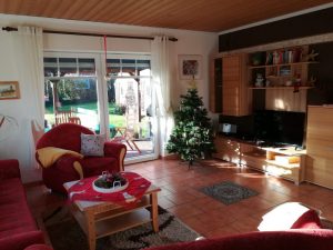 Ferienhaus Deichwiese Blick ins Wohnzimmer mit TV-Schrank und Sofaecke